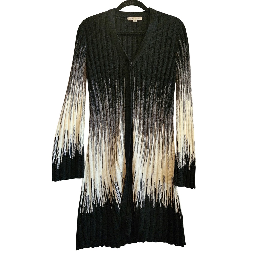 Blue Tassel Cardigan Duster Womens M Black Cream Mohair Wool Blend Ombre Sweater